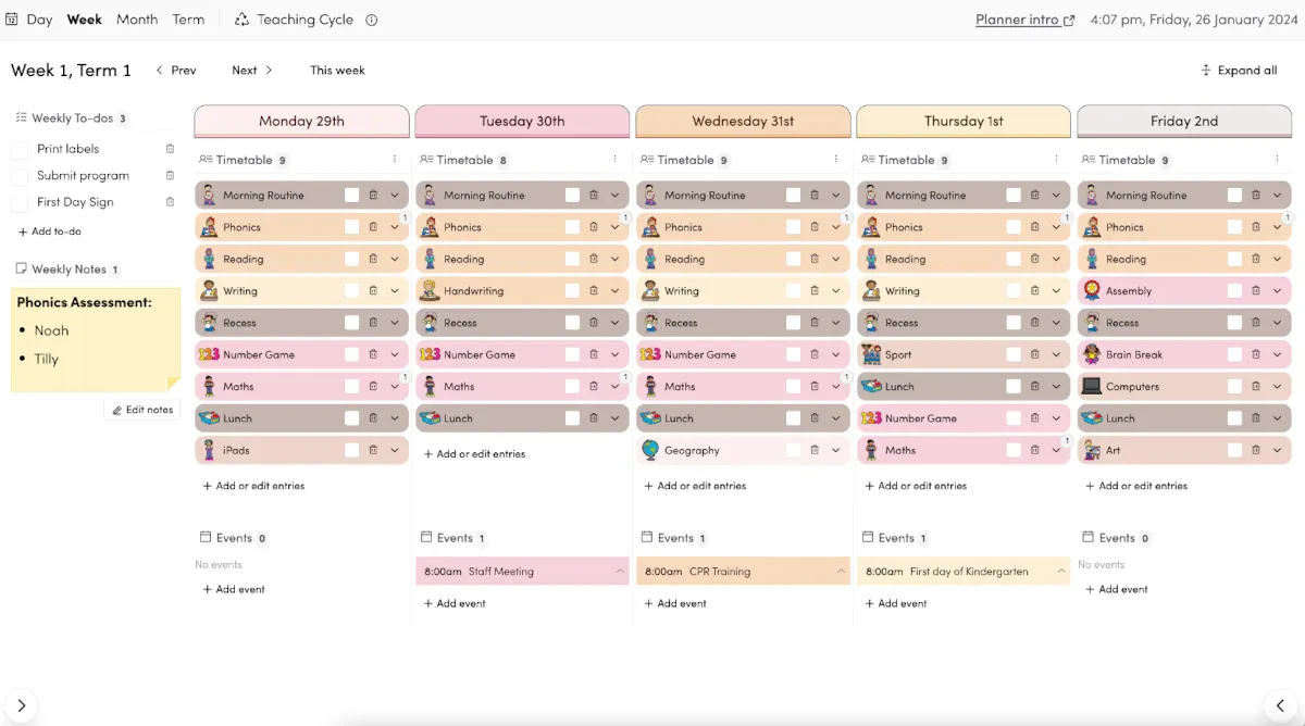 Weekly planner view inside The Hive showing lesson scheduling