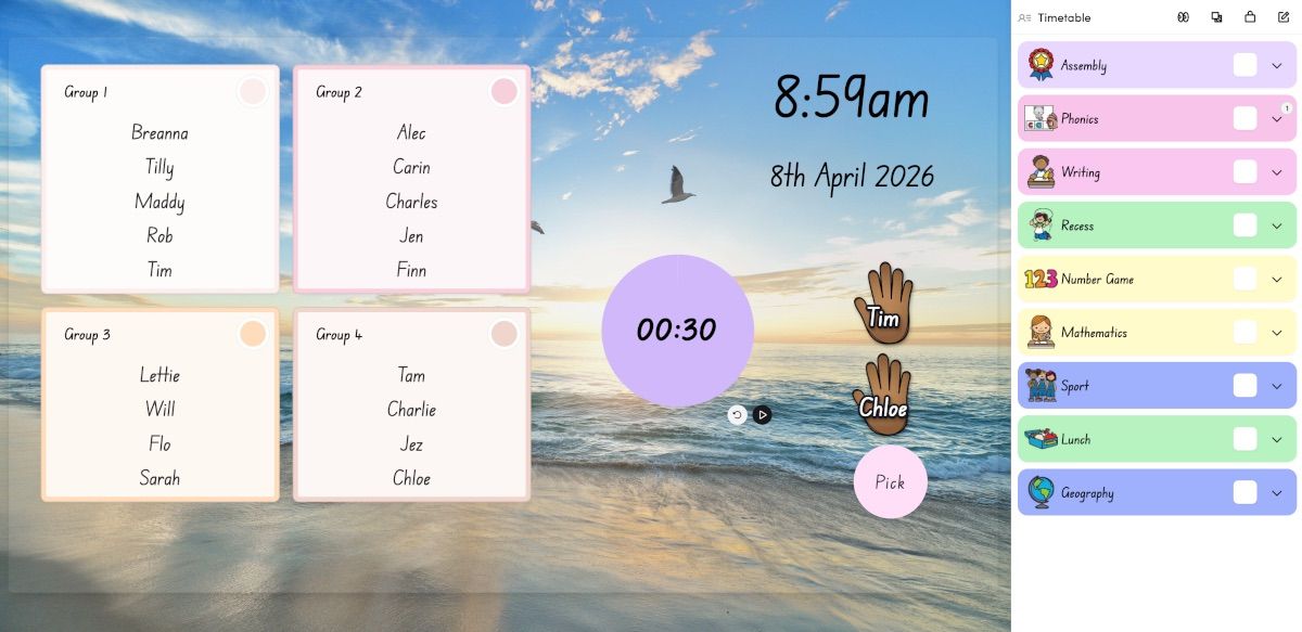 Classroom tools inside a Hive slide deck, showing timers, pickers, and group tools alongside teaching content